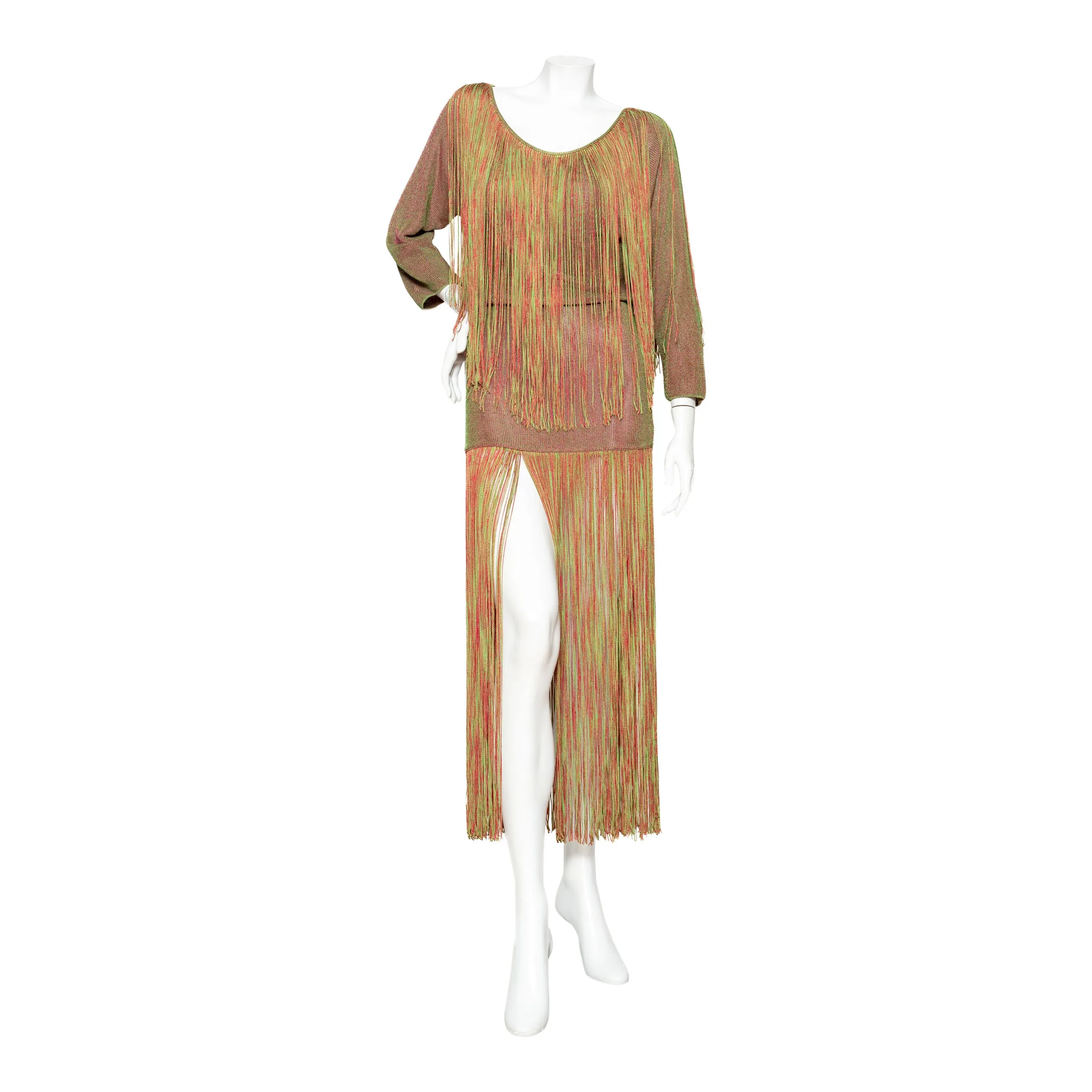 1980s Equator Red and Green Fringed Three-Piece Knit Top, Skirt, and Leggings Set