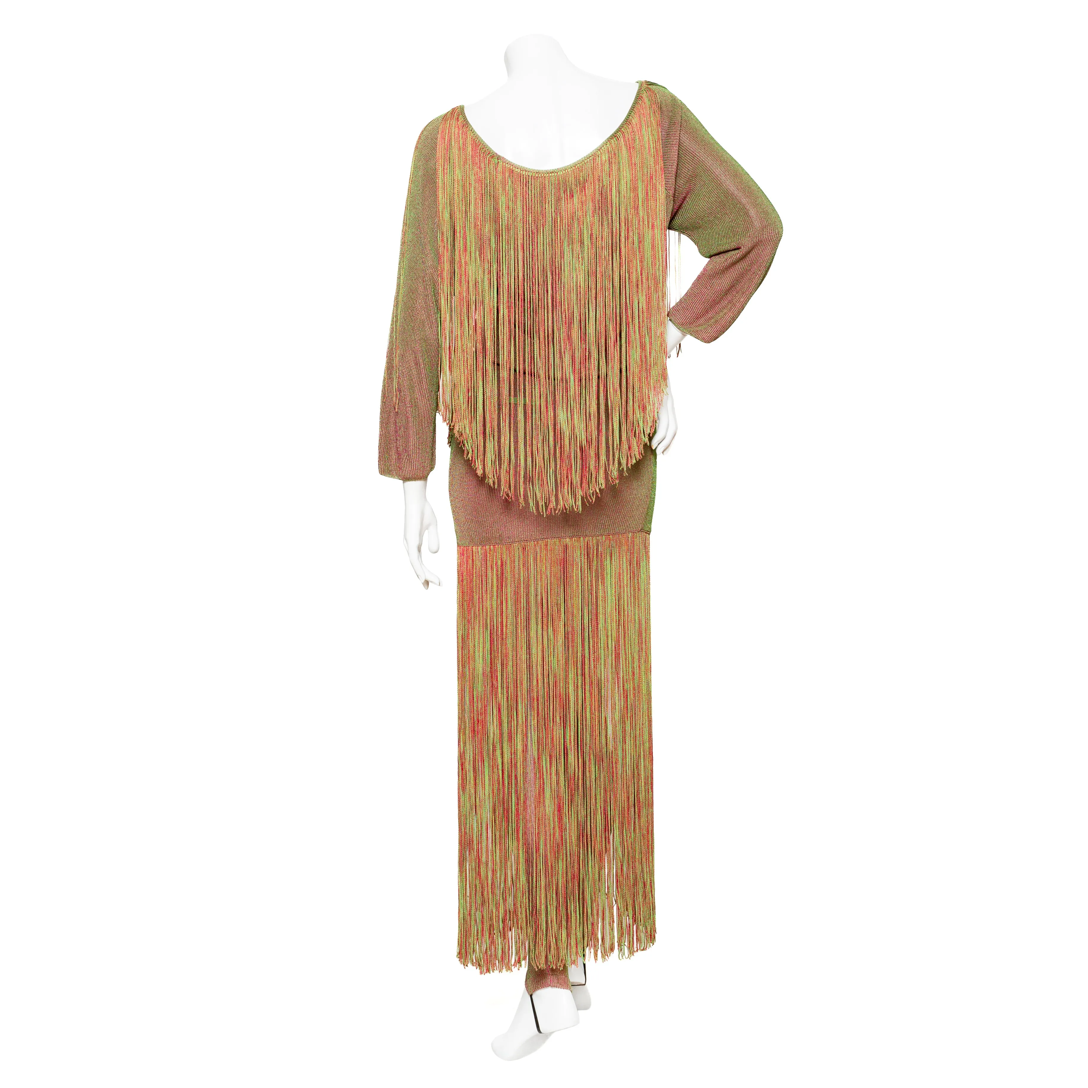 1980s Equator Red and Green Fringed Three-Piece Knit Top, Skirt, and Leggings Set