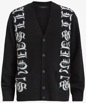 Allsaints Mens Black Scripture jacquard-logo relaxed-fit stretch-knit cardigan