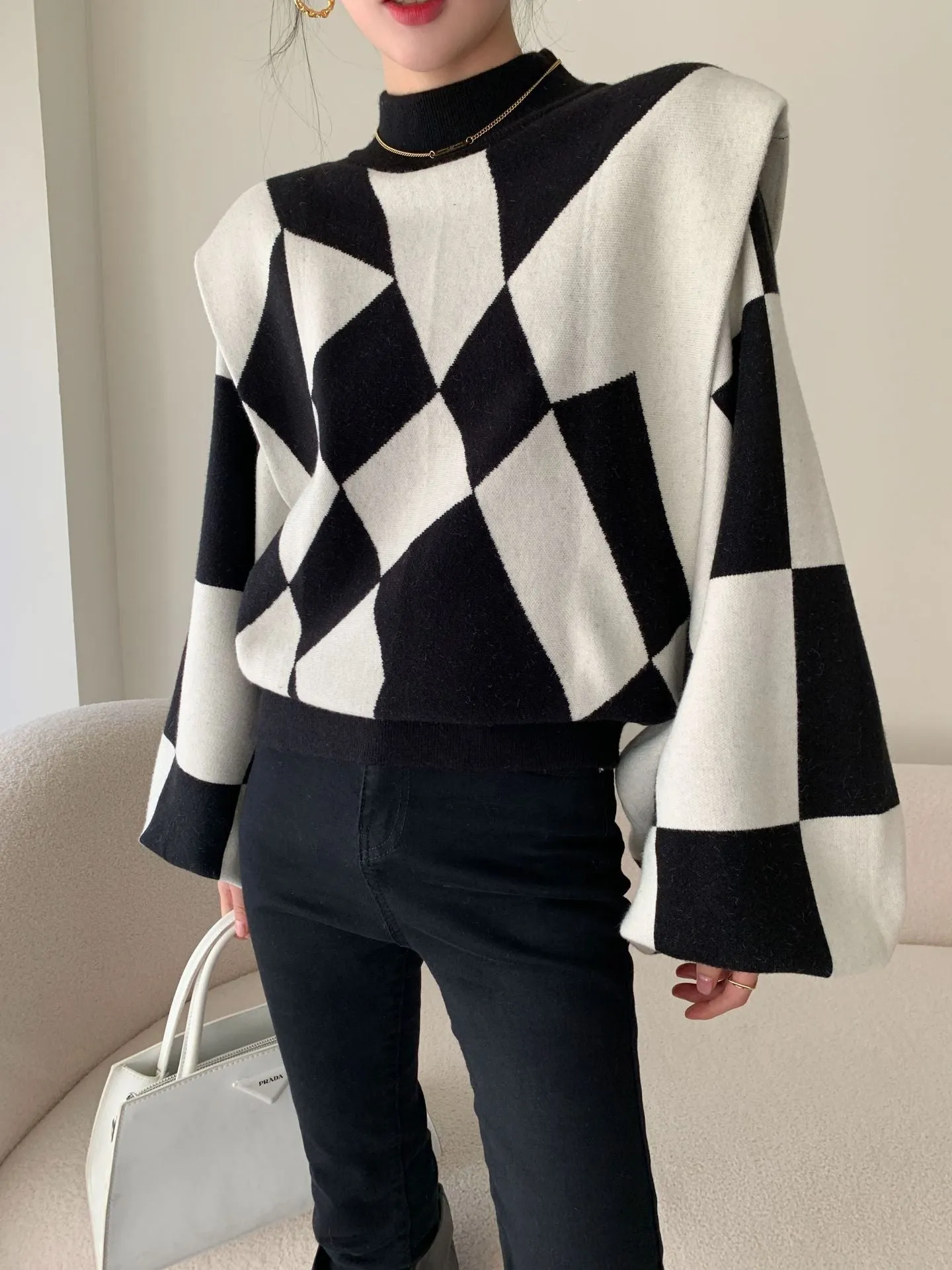 Black Diamond Lantern Sleeve Sweater