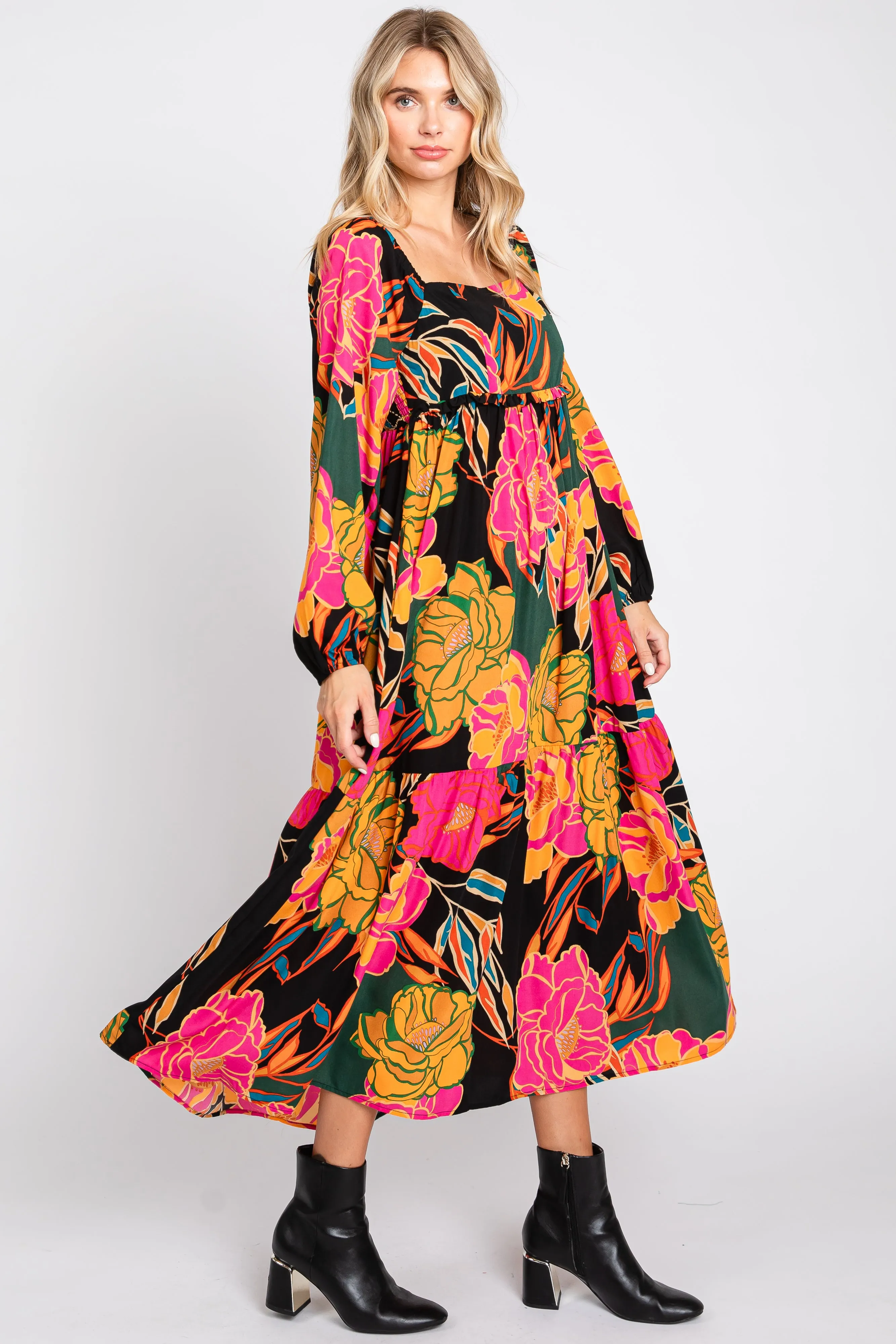 Black Floral Long Sleeve Midi Dress