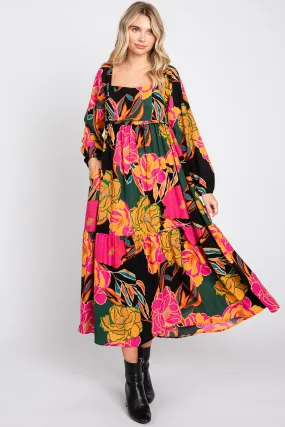 Black Floral Long Sleeve Midi Dress