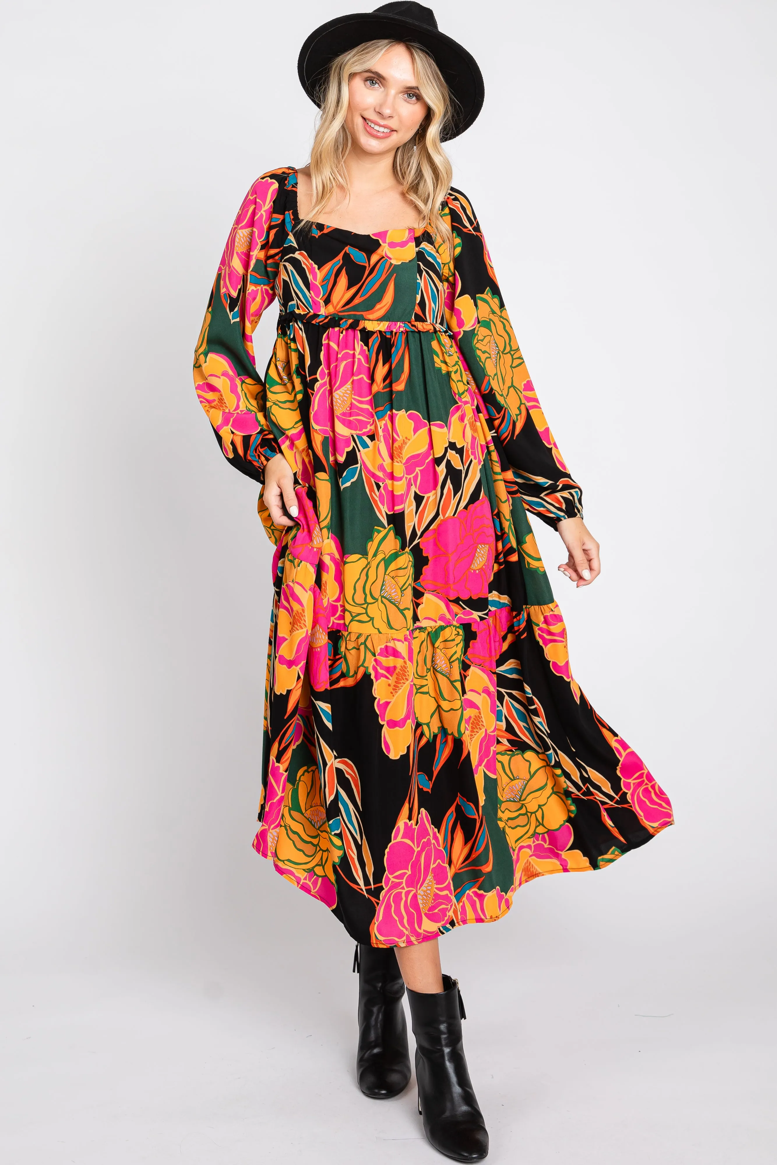 Black Floral Long Sleeve Midi Dress