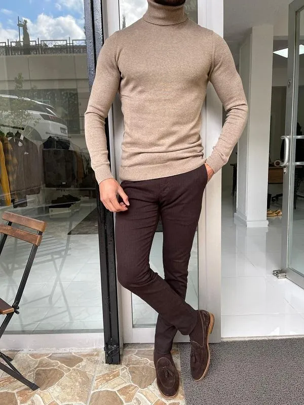 Bojo Light Brown Slim Fit Turtleneck Sweater