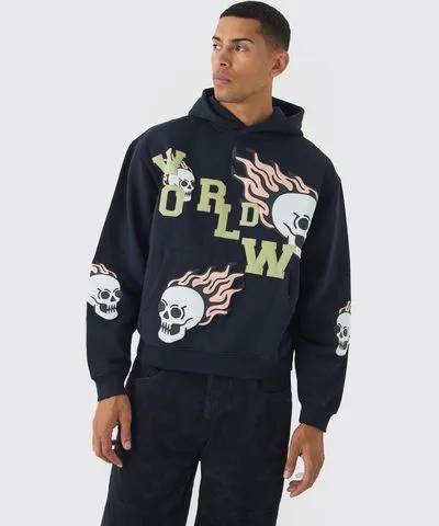 boohoo Mens Oversized Boxy Worldwide Embroidery Skull Applique Hoodie