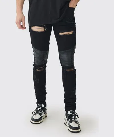 boohoo Mens Tall Distressed Raw Hem Skinny Biker Jeans