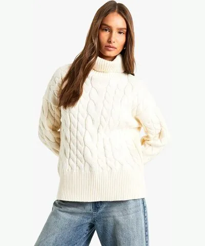 boohoo Womens Cable Knitted Roll Neck Sweater