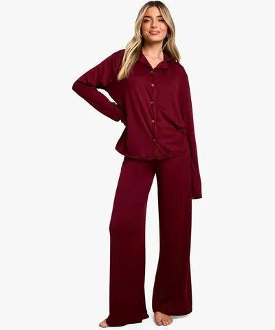 boohoo Womens Soft Touch Long Sleeve Shirt And Trouser Pyjama Set