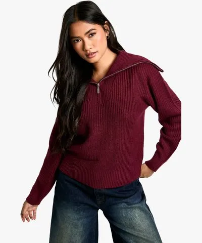 boohoo Womens Zip Neck Sweater In Burgundy