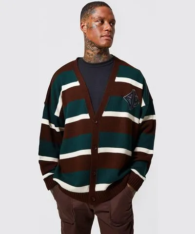 boohooMAN Mens Oversized Striped Knitted Cardigan With Badge