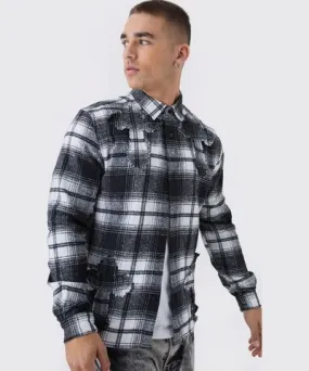 boohooMAN Mens Regular Fit Long Sleeve Flannel Applique Shirt