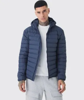 boohooMAN Mens Tall Zip Through Hooded Puffer Jacket In Navy