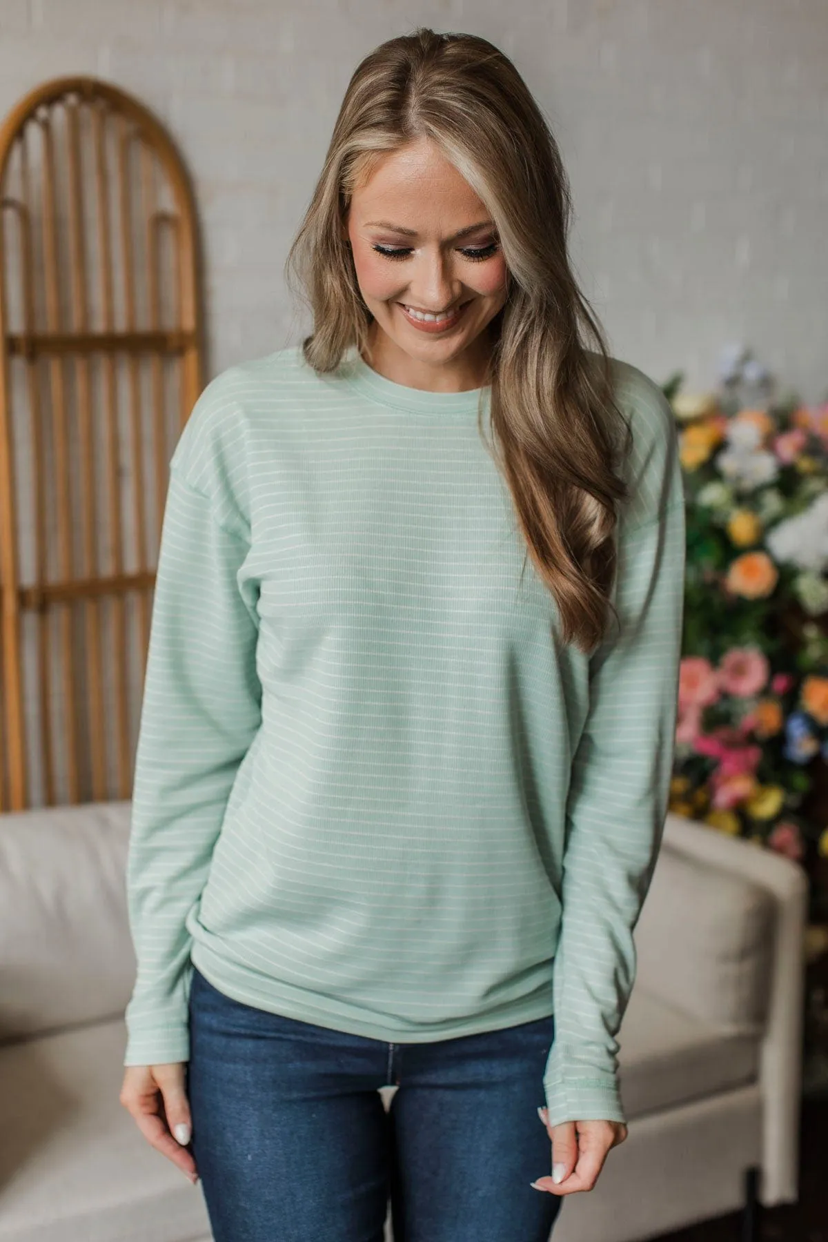 Brighten My Day Striped Pullover Top- Light Mint