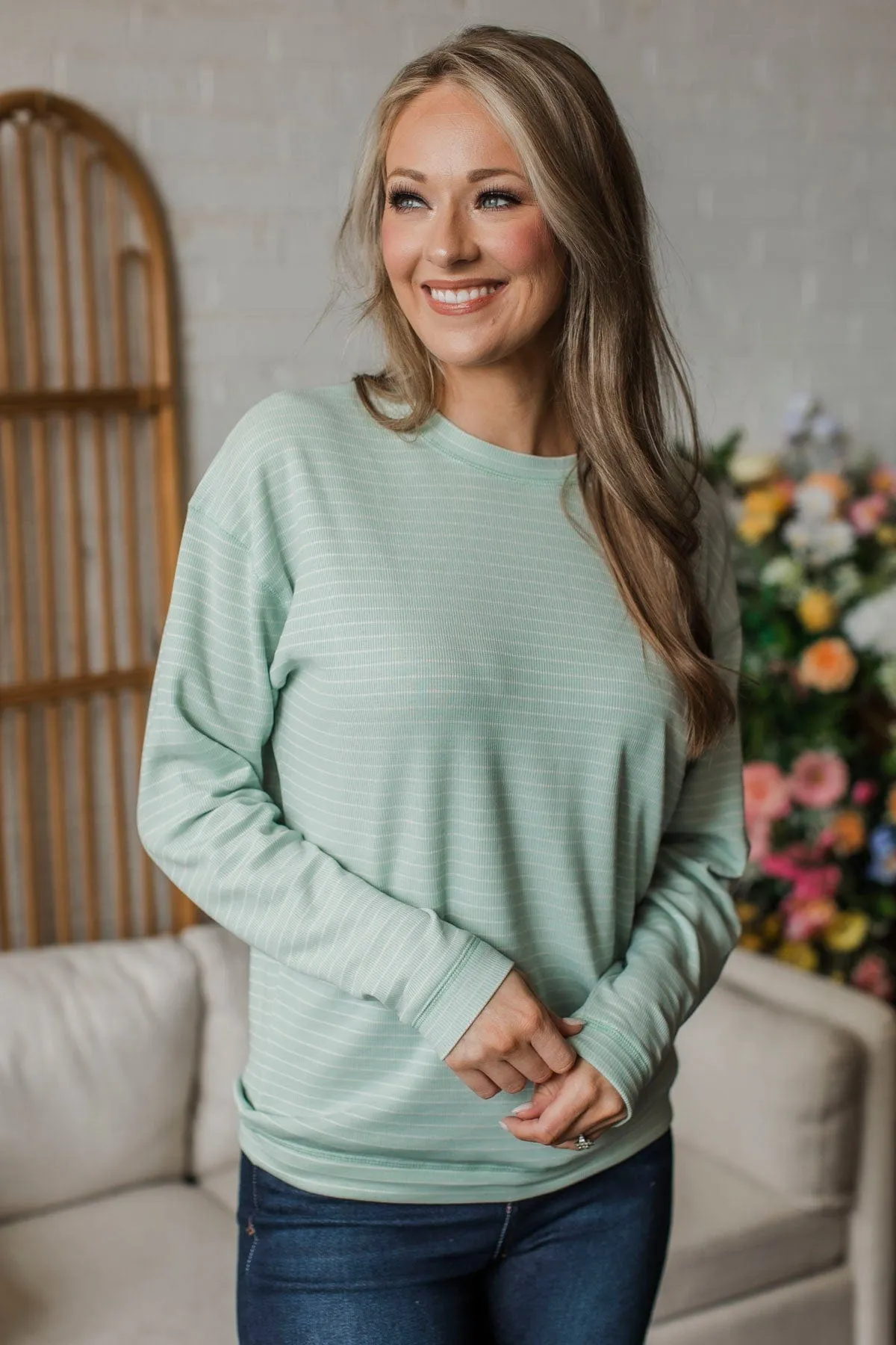 Brighten My Day Striped Pullover Top- Light Mint