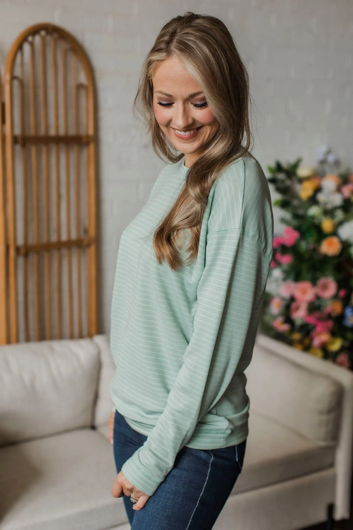 Brighten My Day Striped Pullover Top- Light Mint