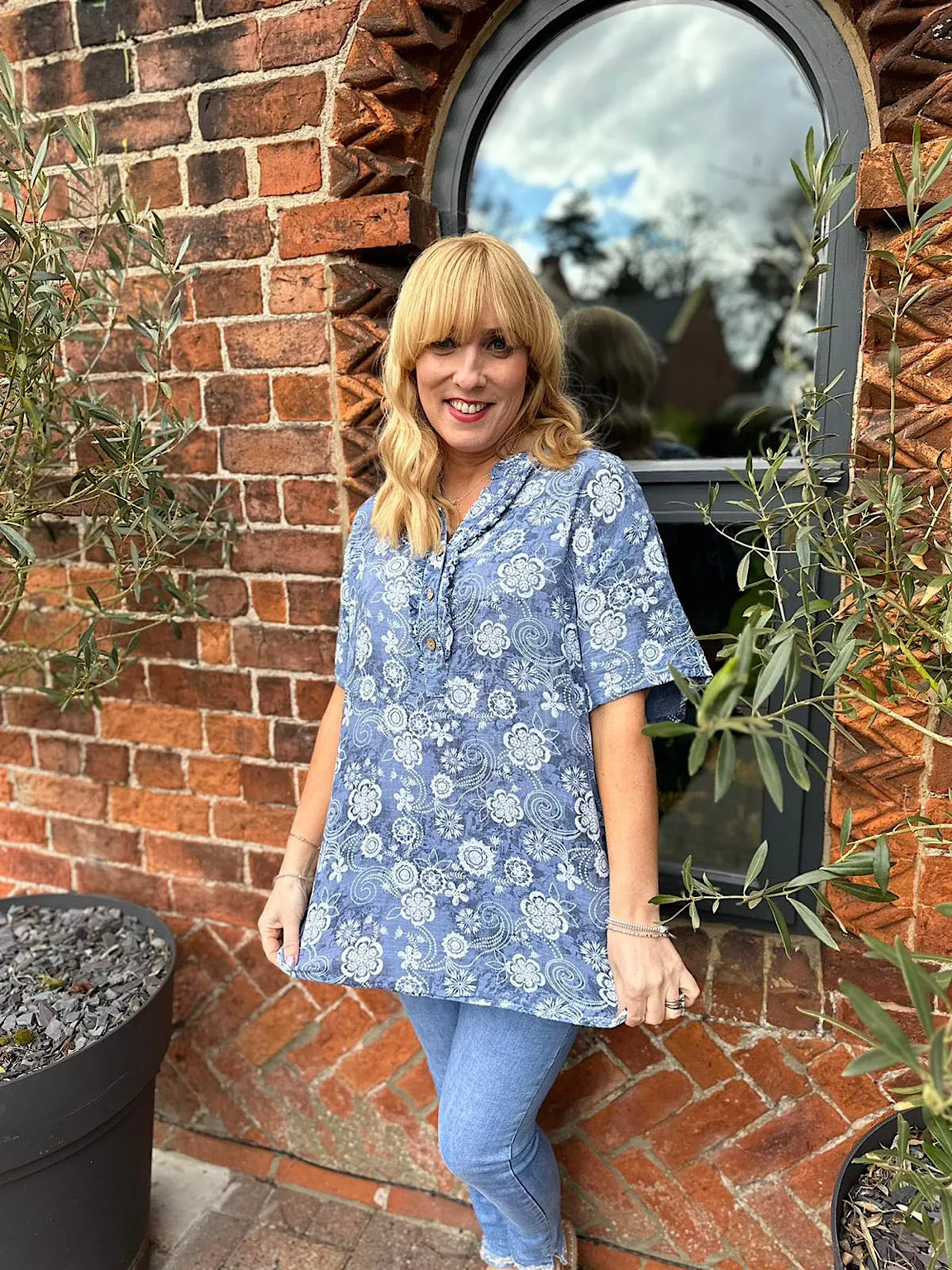 Denim Floral Patterned Frill Button Top Lisa