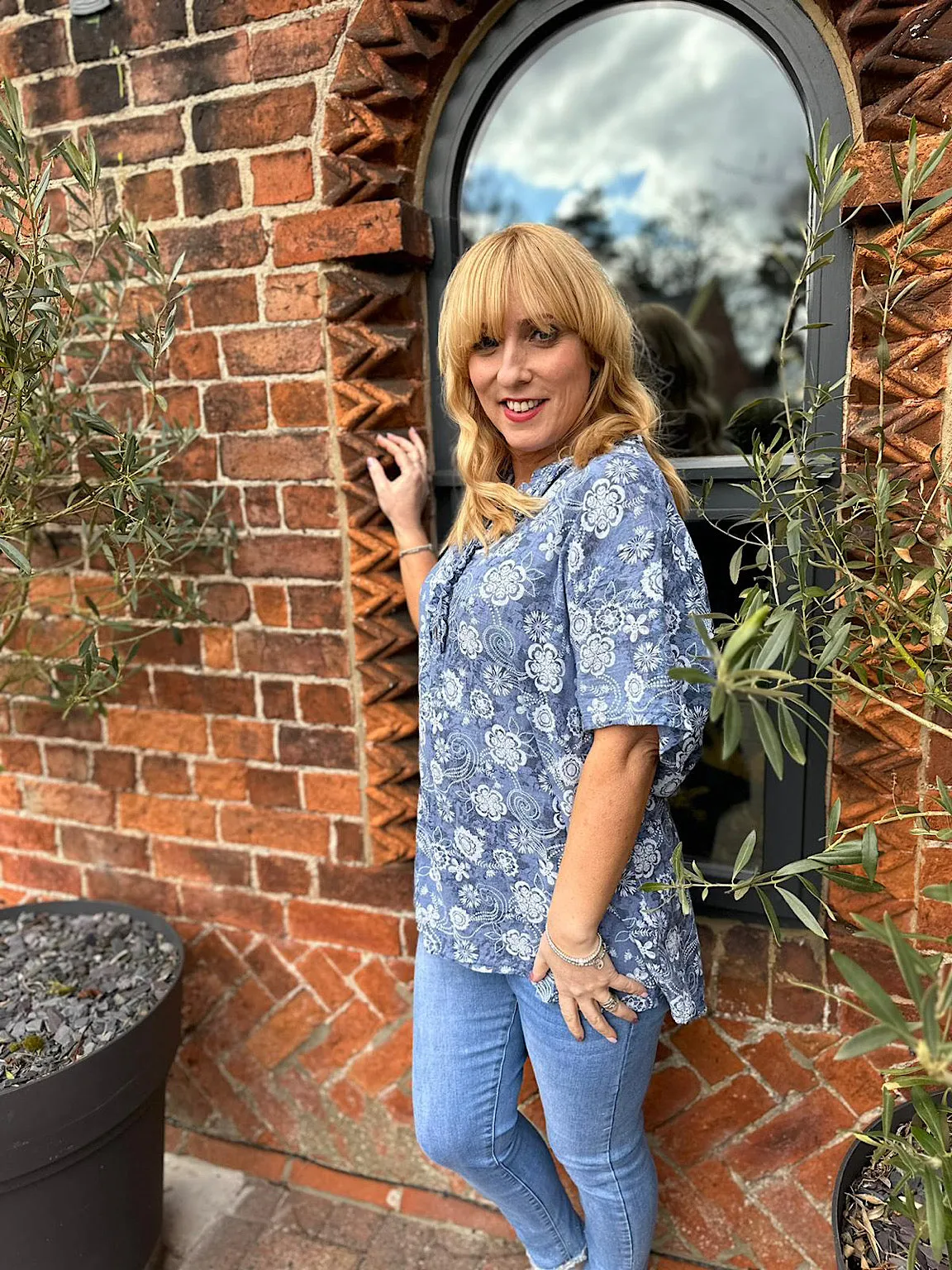 Denim Floral Patterned Frill Button Top Lisa