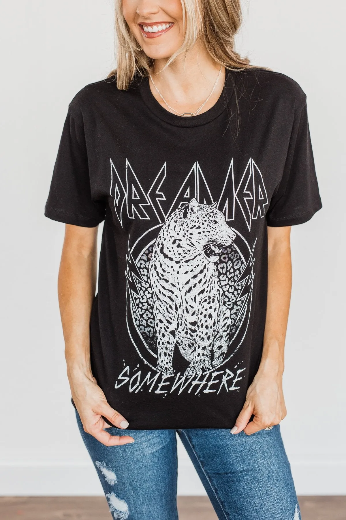 Dreamer. Somewhere Leopard Graphic Tee- Black