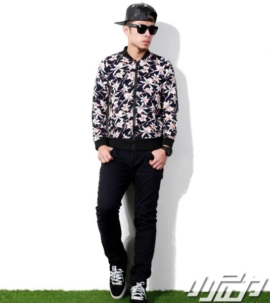 Flower Print Zip Up Sweater for Men - Black