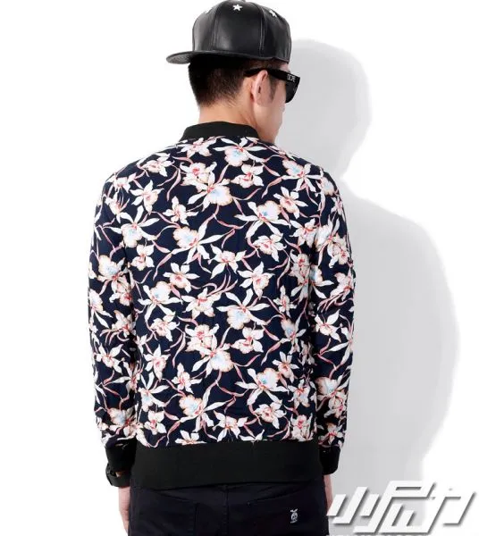 Flower Print Zip Up Sweater for Men - Black