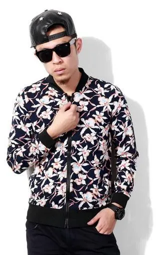 Flower Print Zip Up Sweater for Men - Black