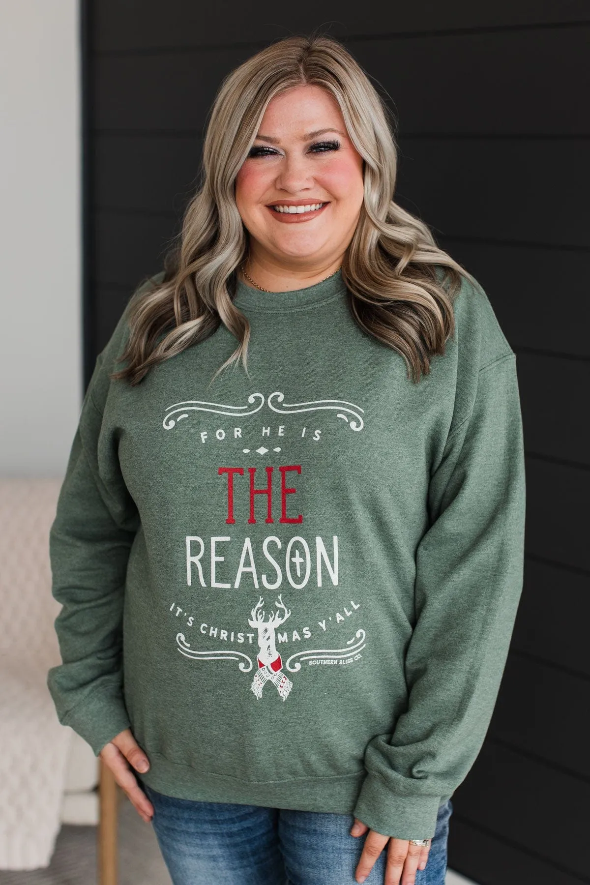 For He Is The Reason Crew Neck Pullover- Green