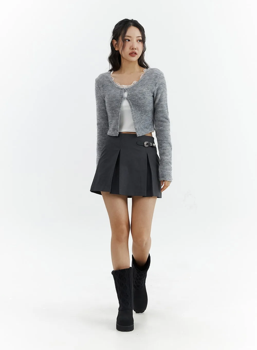 Gray Pleated Belted Mini Skirt CJ423