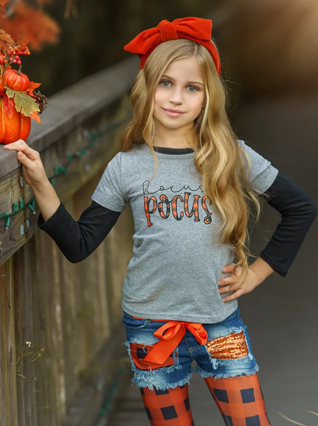 Hocus Pocus Top, Patched Denim Shorts and Plaid Legging Set