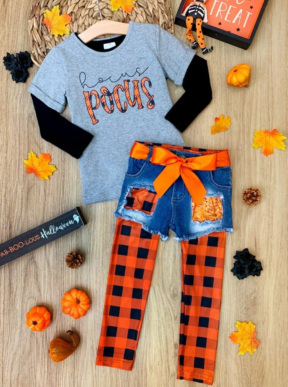 Hocus Pocus Top, Patched Denim Shorts and Plaid Legging Set