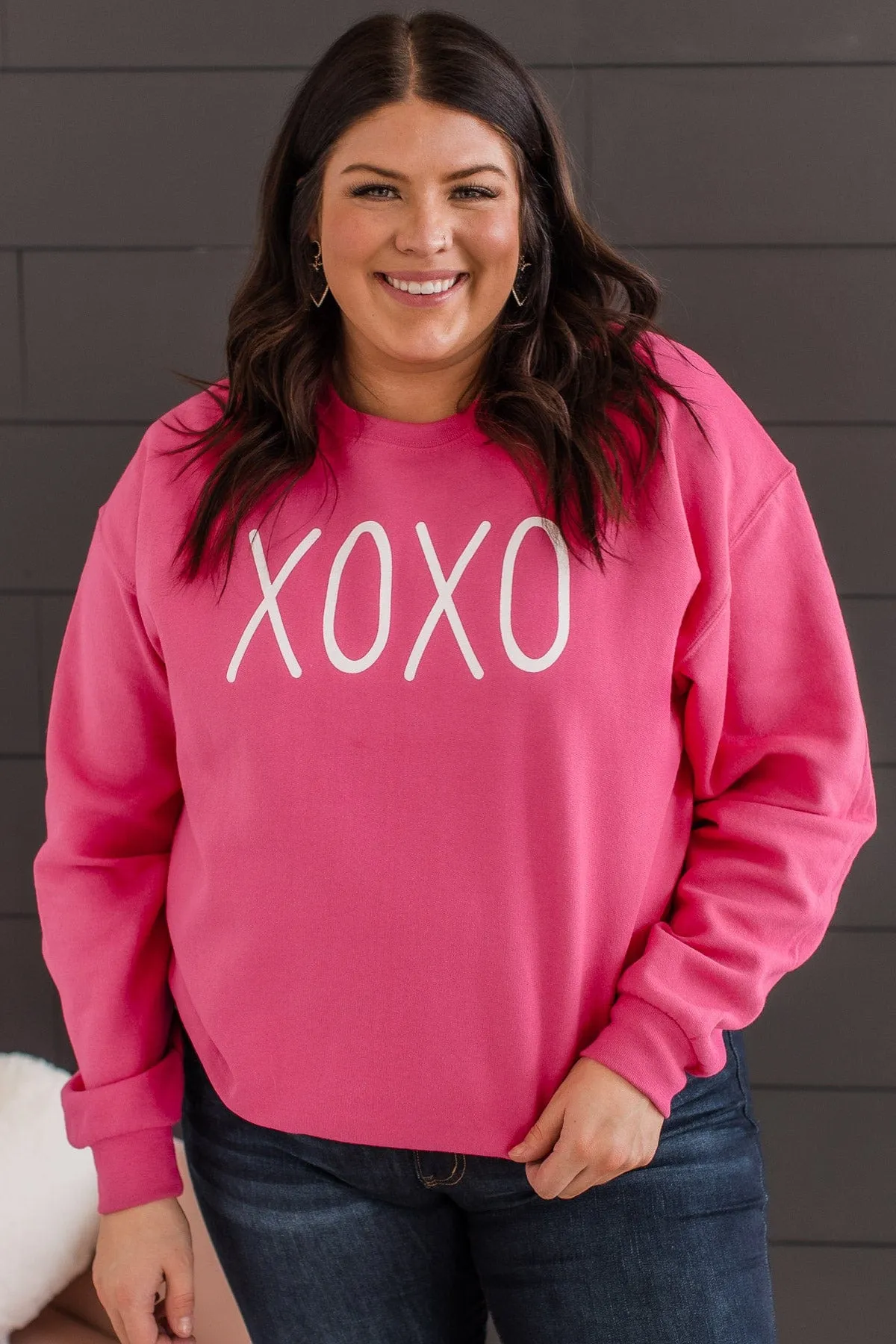 Hugs & Kisses XOXO Graphic Pullover- Hot Pink