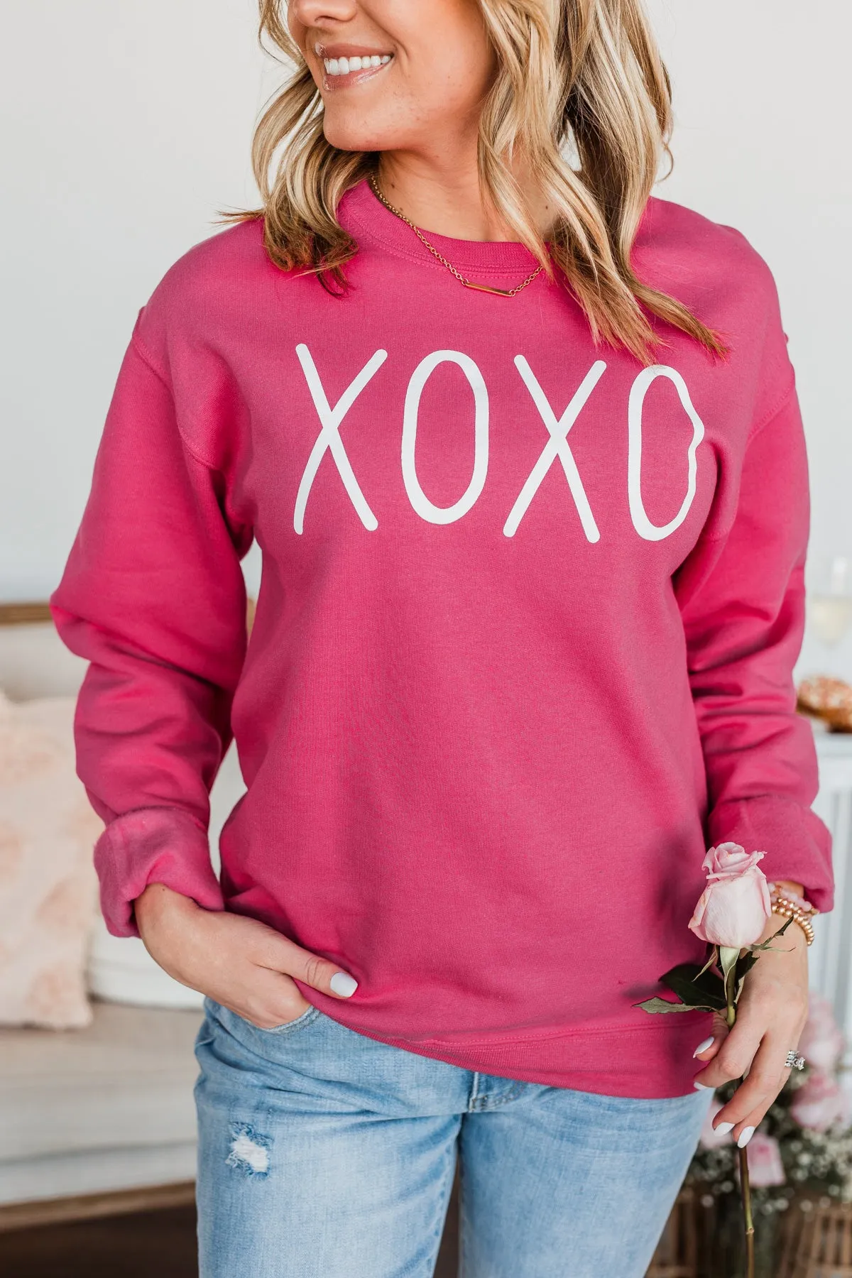 Hugs & Kisses XOXO Graphic Pullover- Hot Pink