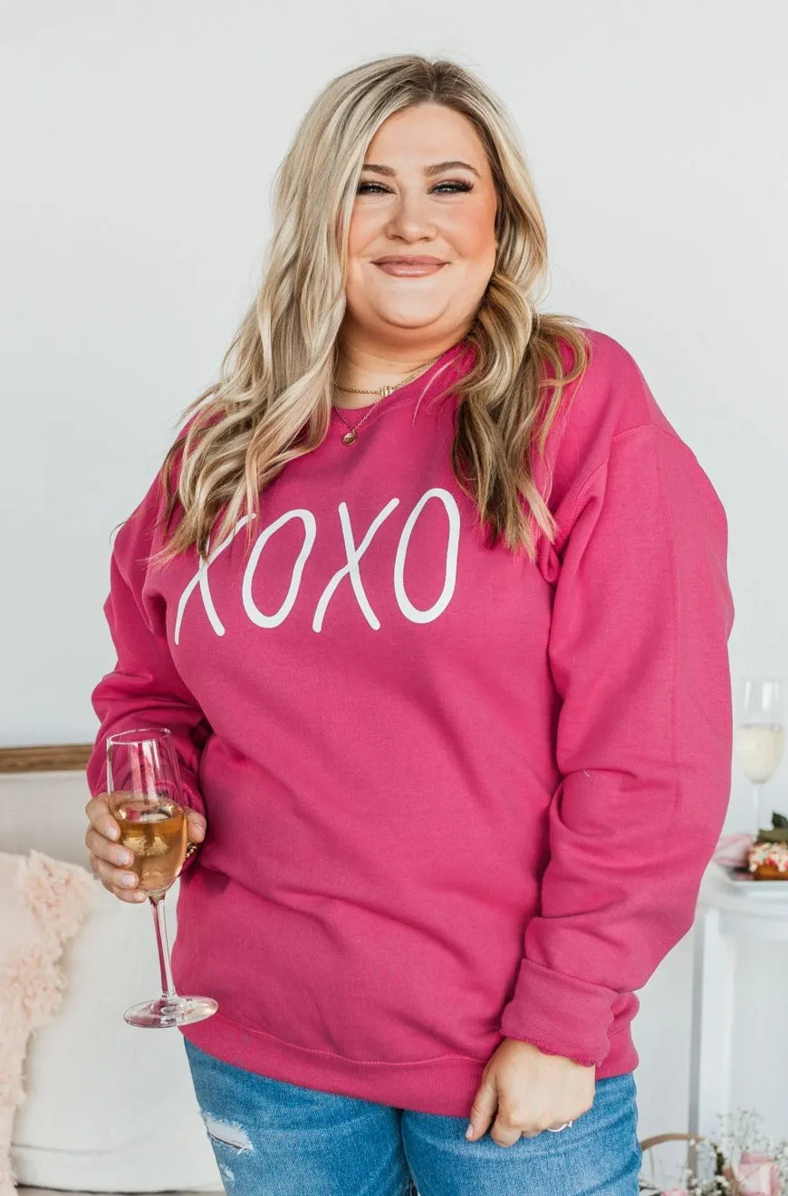 Hugs & Kisses XOXO Graphic Pullover- Hot Pink