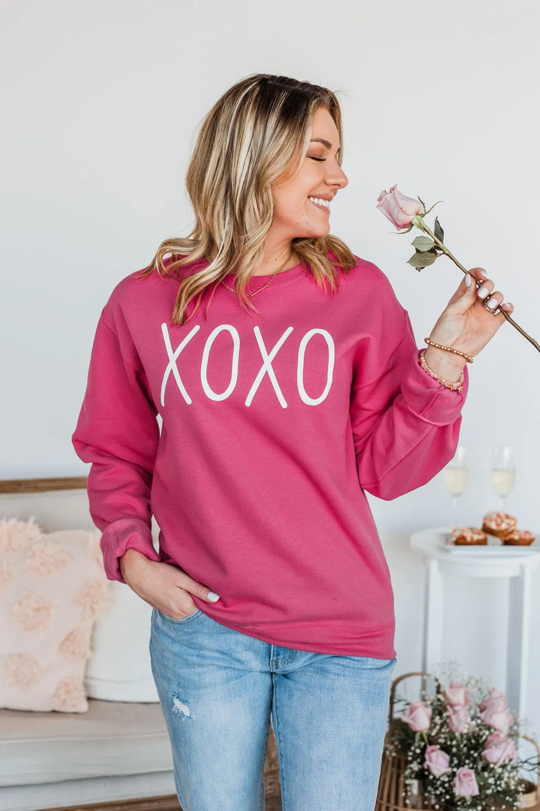 Hugs & Kisses XOXO Graphic Pullover- Hot Pink