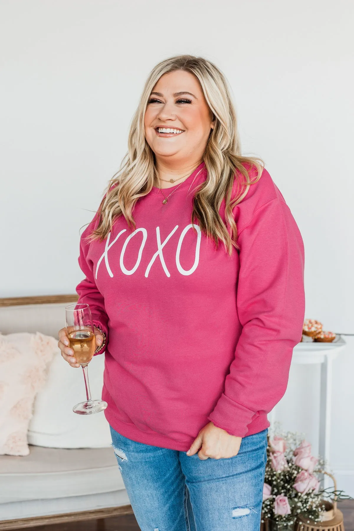 Hugs & Kisses XOXO Graphic Pullover- Hot Pink