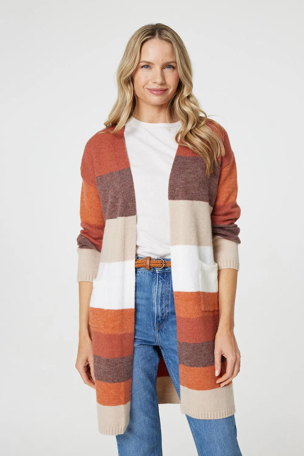 Izabel London – Striped Longline Pocket Front Cardigan