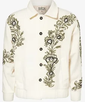 Kartik Research Mens White/Mint/Black Almora embroidered relaxed-fit wool jacket