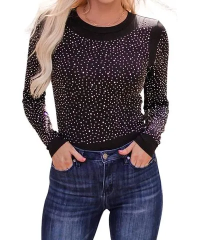 LiveFashionWay Rhinestone O-Neck Long Sleeve Bodysuit