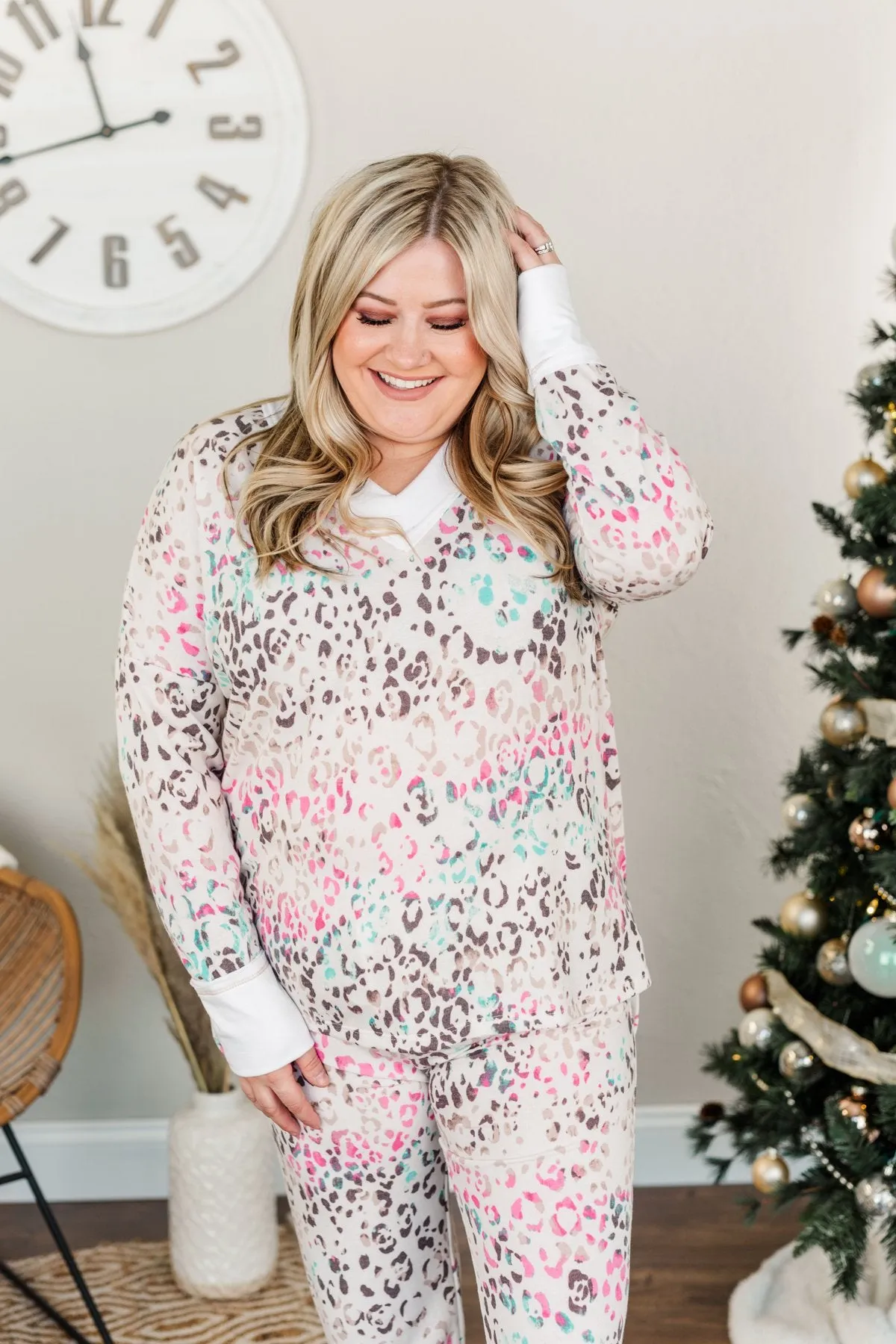 Living It Up Long Sleeve Lounge Top- Cream & Multi-Color