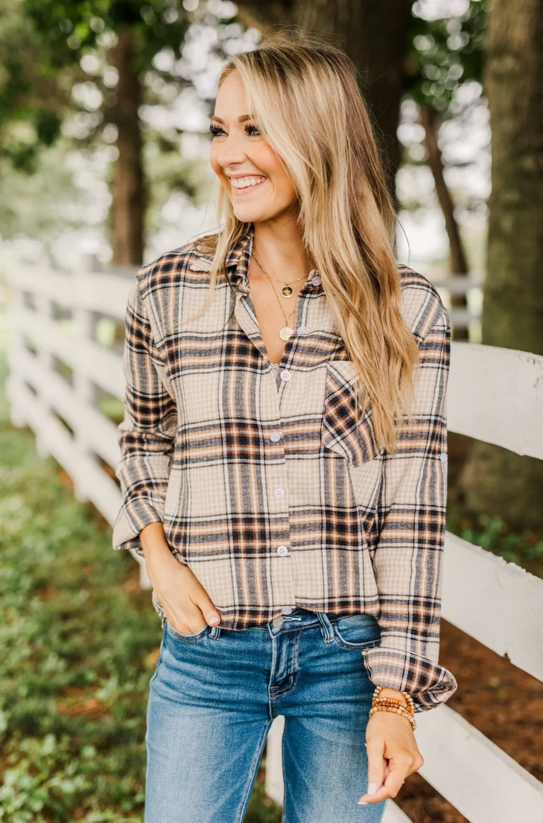 Made Up My Mind Plaid Button Top- Camel, Ivory, Navy