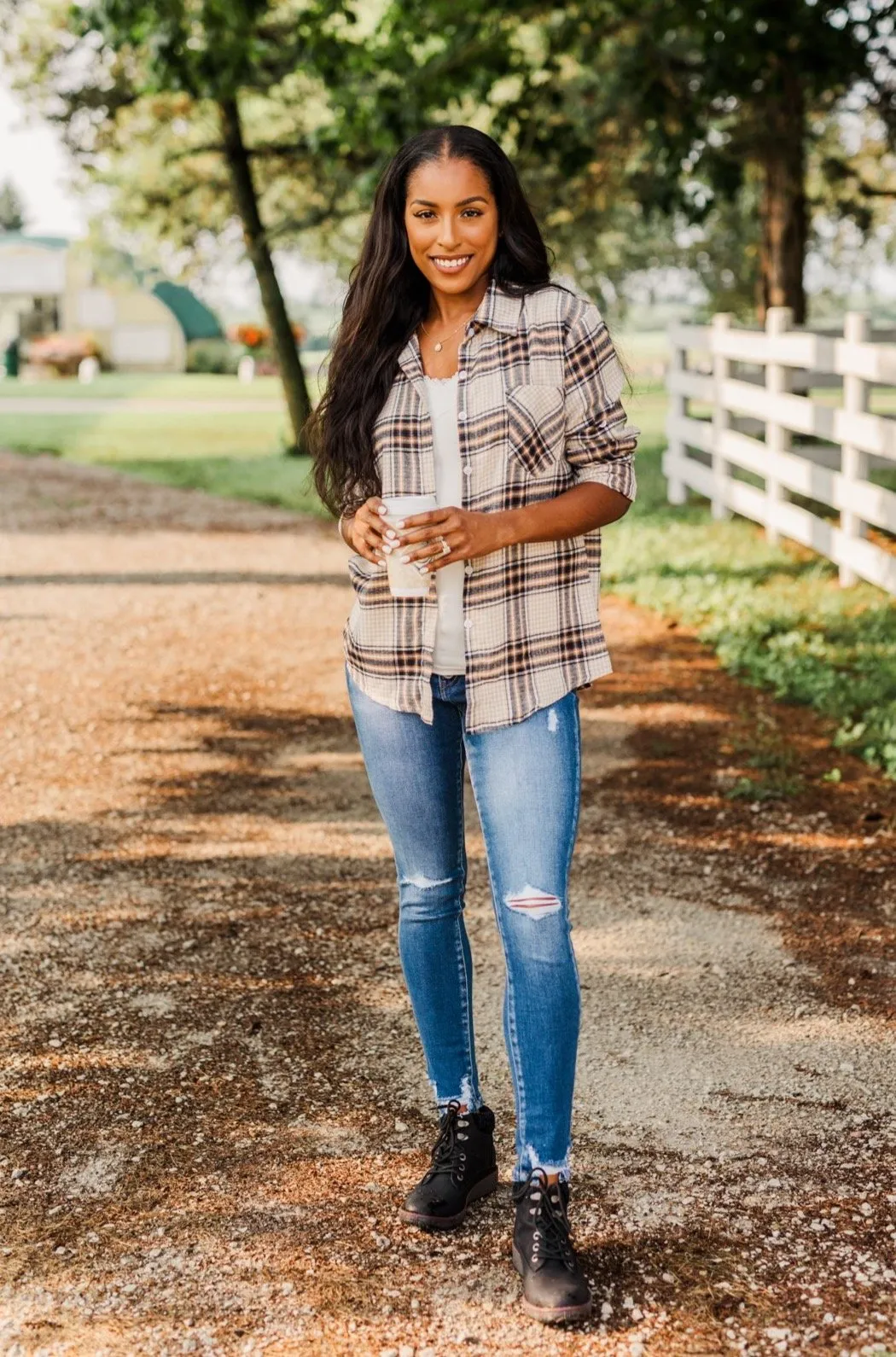 Made Up My Mind Plaid Button Top- Camel, Ivory, Navy