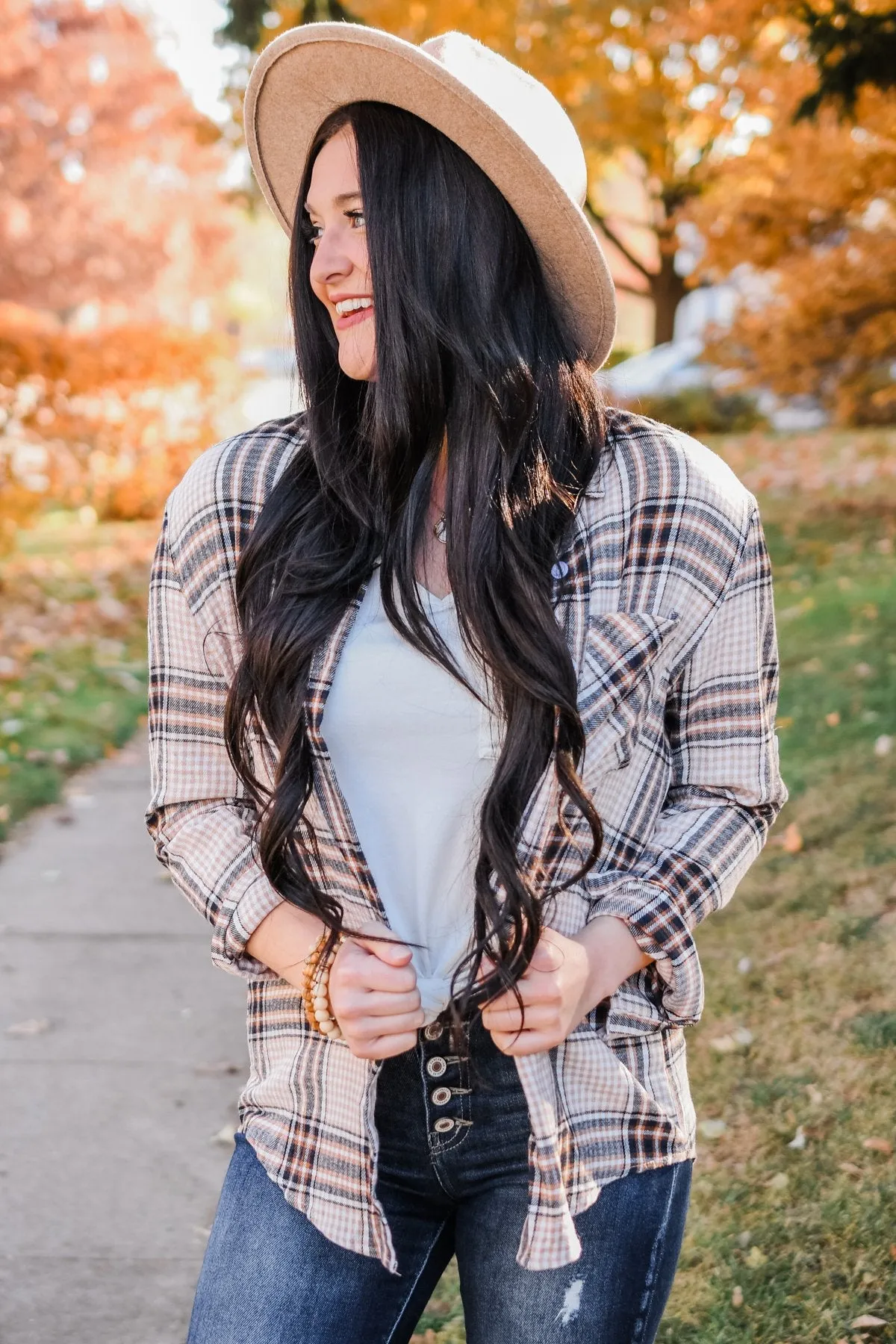 Made Up My Mind Plaid Button Top- Camel, Ivory, Navy