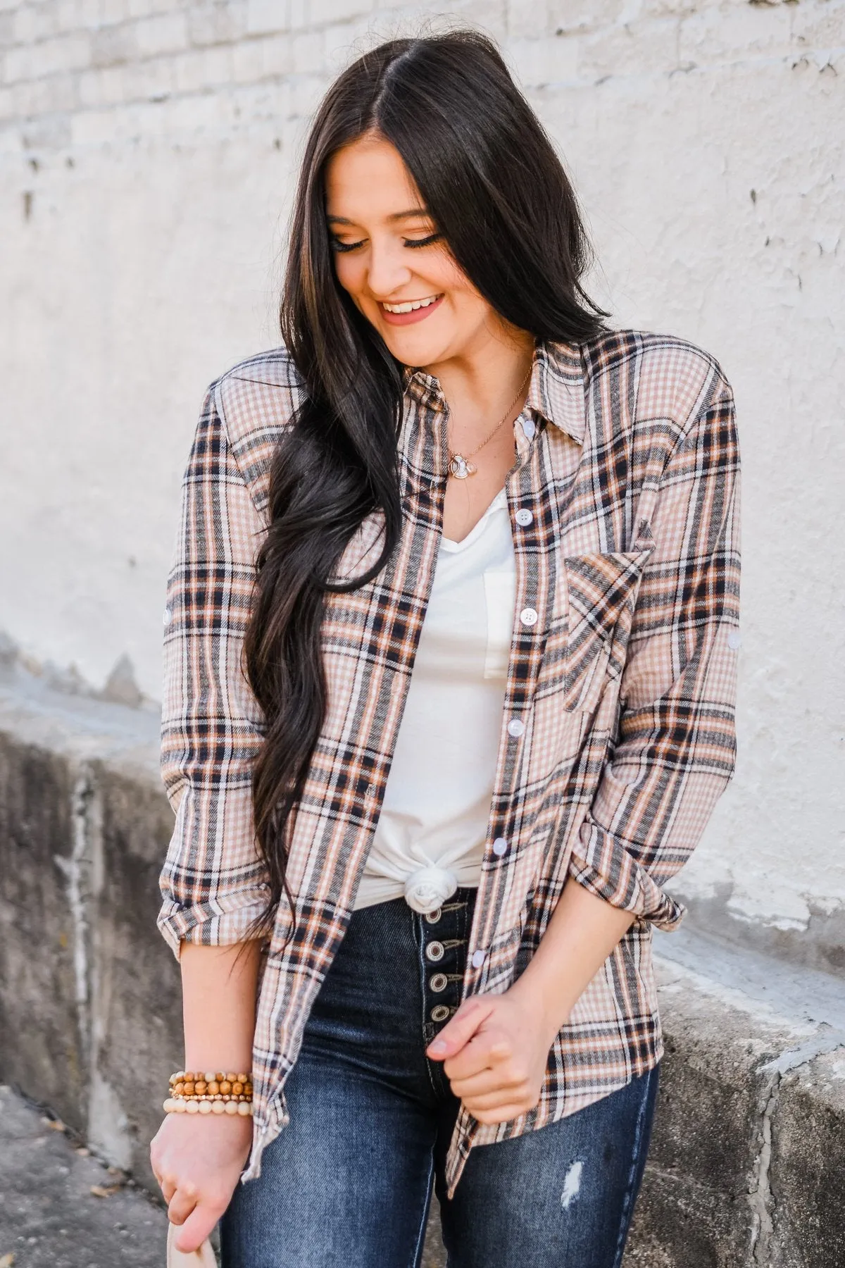 Made Up My Mind Plaid Button Top- Camel, Ivory, Navy