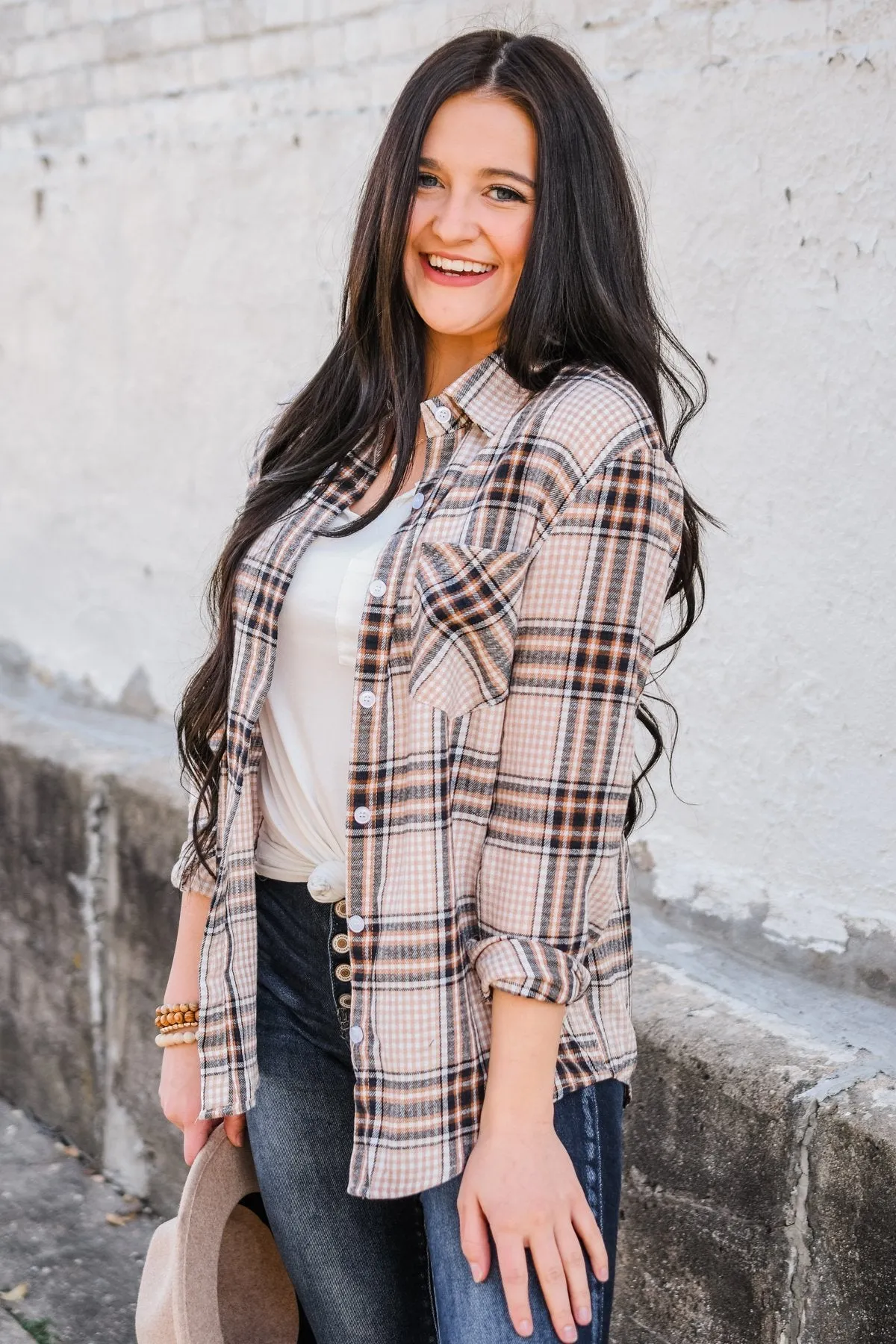 Made Up My Mind Plaid Button Top- Camel, Ivory, Navy