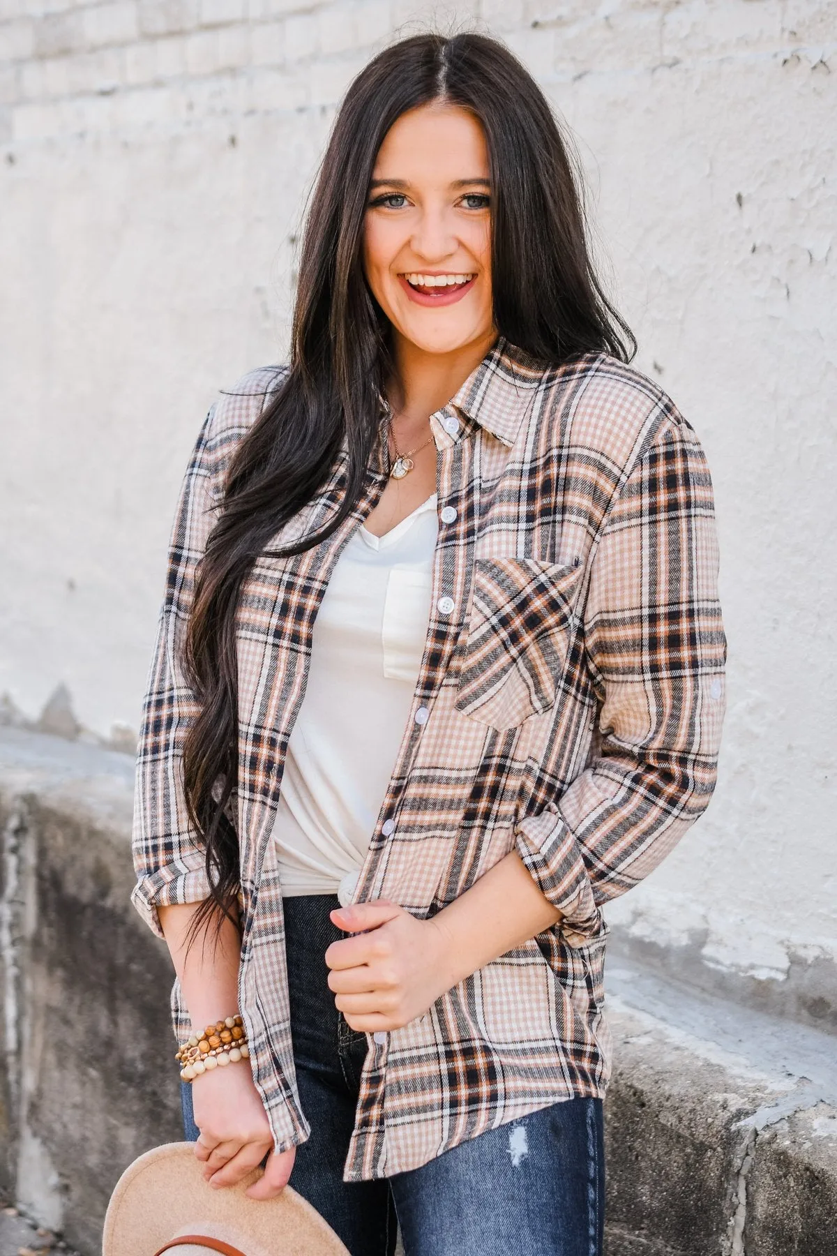 Made Up My Mind Plaid Button Top- Camel, Ivory, Navy