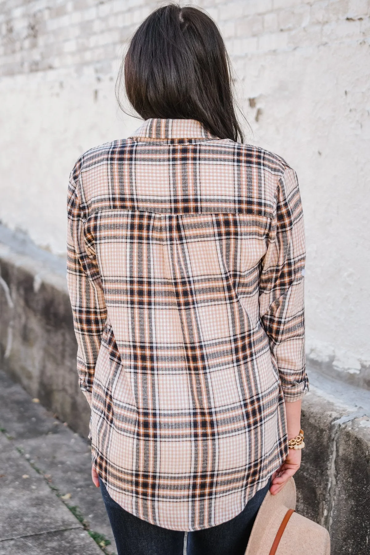 Made Up My Mind Plaid Button Top- Camel, Ivory, Navy