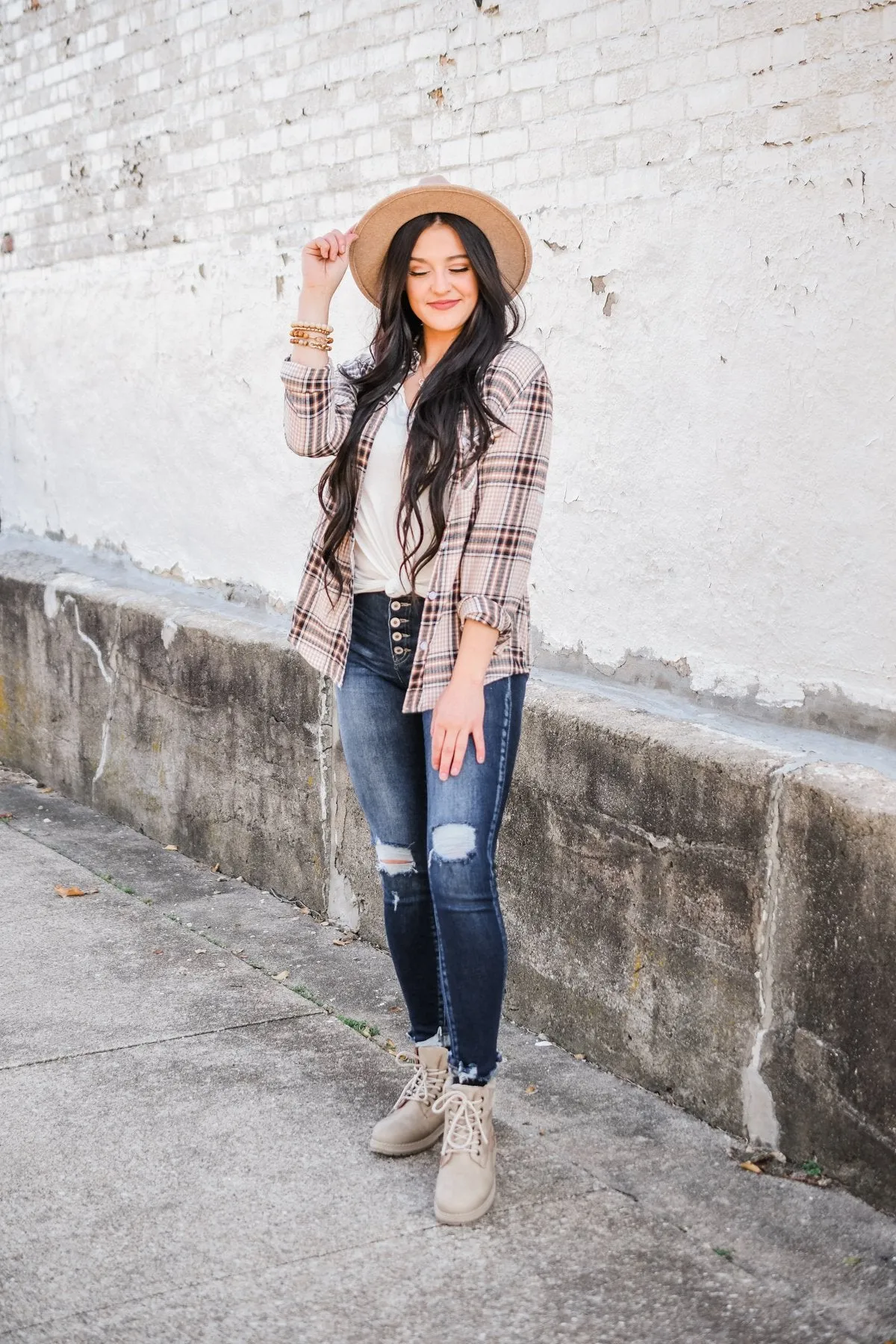 Made Up My Mind Plaid Button Top- Camel, Ivory, Navy