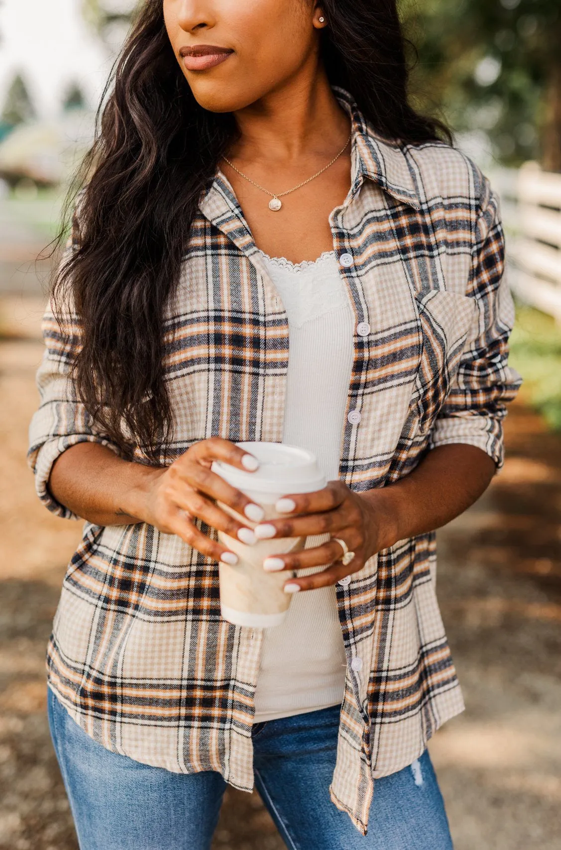 Made Up My Mind Plaid Button Top- Camel, Ivory, Navy