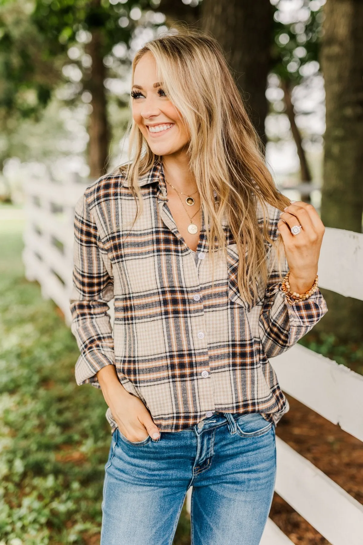 Made Up My Mind Plaid Button Top- Camel, Ivory, Navy