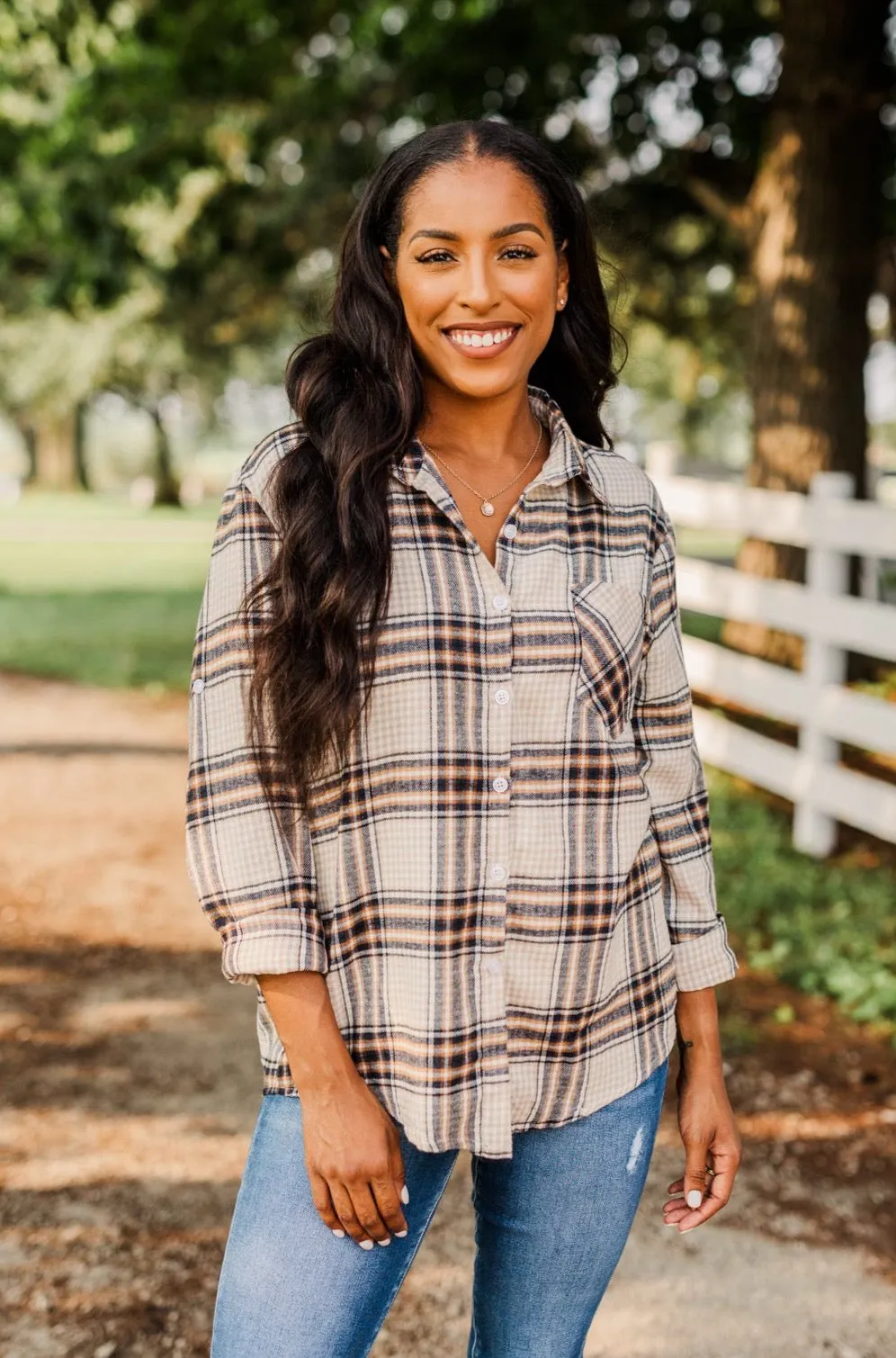 Made Up My Mind Plaid Button Top- Camel, Ivory, Navy