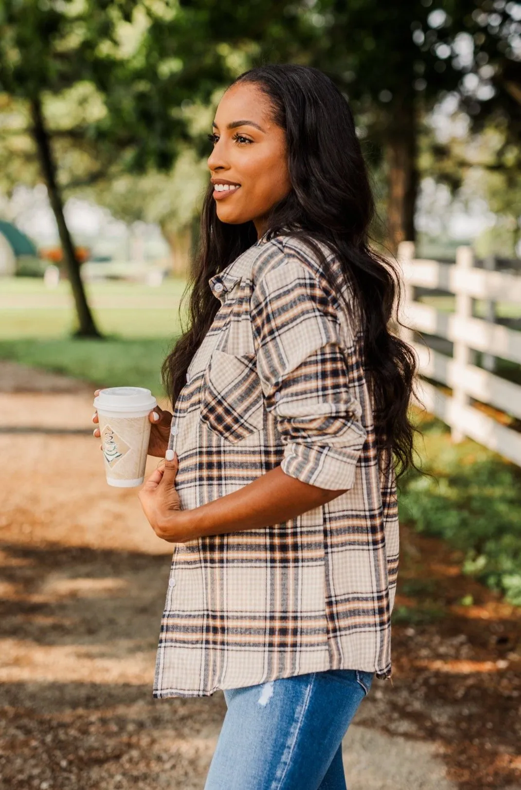 Made Up My Mind Plaid Button Top- Camel, Ivory, Navy